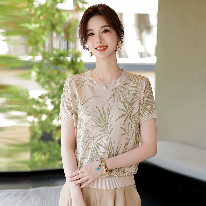 Летняя футболка с короткими рукавами для мамы, трикотаж из ледяного шелка с круглым вырезом, модный женский стиль среднего и пожилого возраста, тонкий топ, костюм