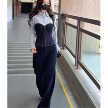 李小璐同款2025年开春新款拼接衬衫高腰牛仔裤套装女高级感两件套