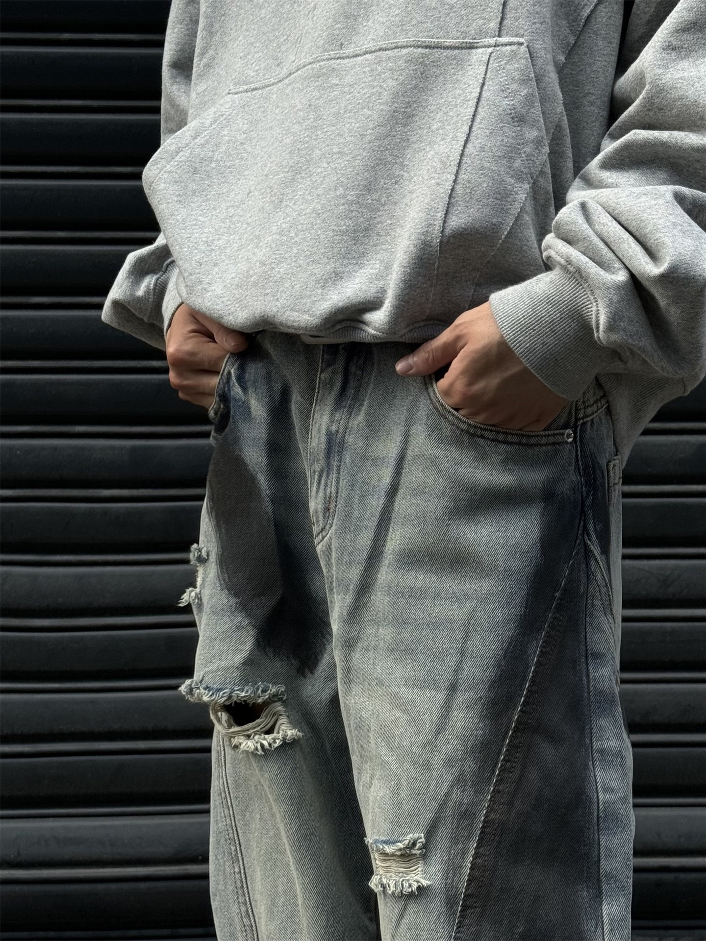 High Street Summer Retro Autumn Vibe Ink Splash Hole Jeans Loose Deconstructed Straight Wide Leg Long Pants_viptrois.com