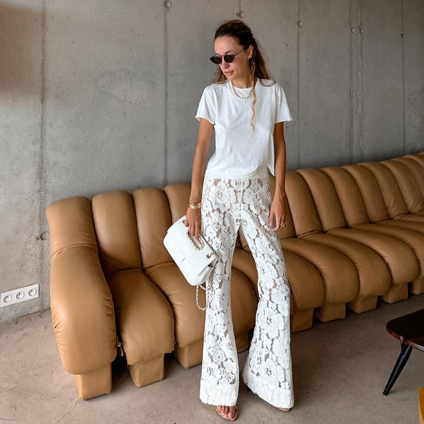 Cross-Border Jacquard Bell-Bottom Pants European and American 2025 Spring and Summer New Women's Jacquard Lace Flower Cut Out Slimming Look Boot-Cut Pants