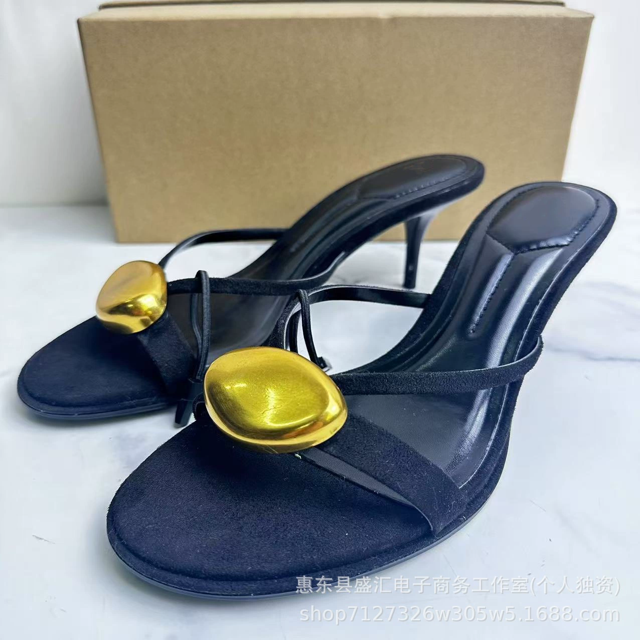 ZA2025 new women's shoes, black metal detail buckle decoration round toe stiletto heel fashion one-strip sandals for women