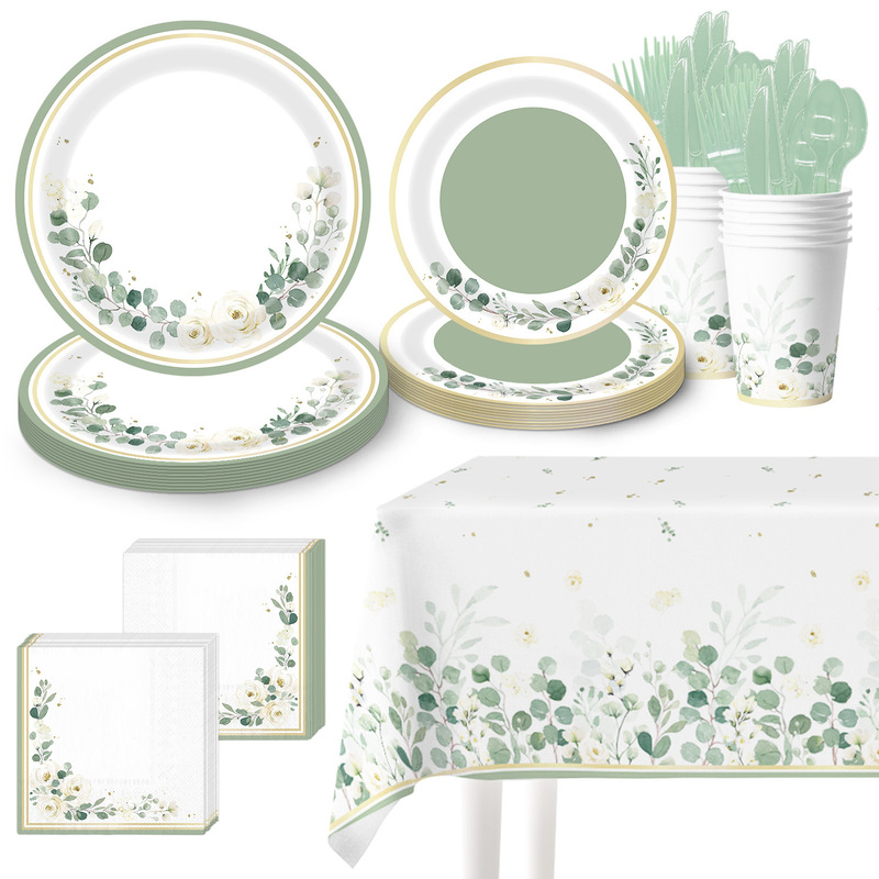 Spring Sage Green Floral Holiday Party Decoration Disposable Tableware Set Paper Plates Paper Cups Paper Napkins Tablecloth