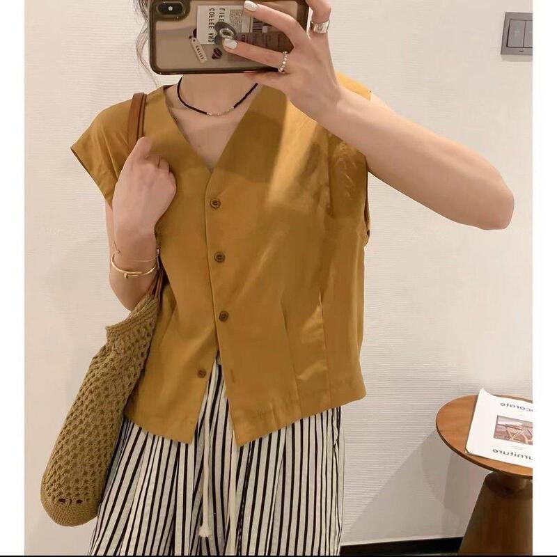 2026 New Yellow Sleeveless V-Neck Shirt for Women, Summer New Korean Fashion Casual Versatile Top for Women Trendy 2026 New Yellow Sleeveless V-Neck Shirt for Women, Summer New Korean Fashion Casual Versatile Top for Women Trendy