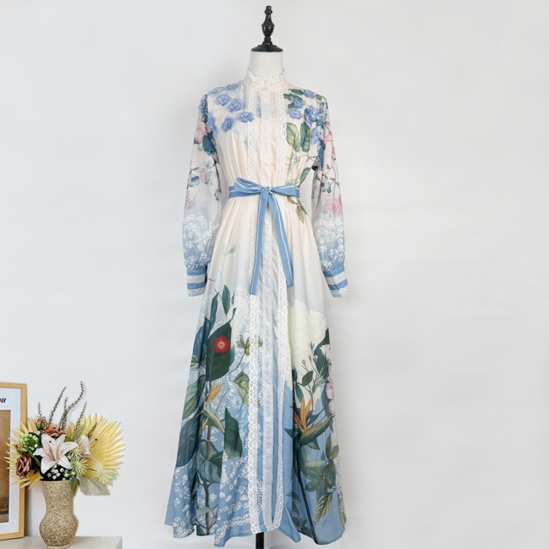 Real Shot of European and American New Tropical Leaf Positioning Printed Single-Breasted Lantern Sleeve Long Dress Lace-Up Shirt Skirt Real Shot of European and American New Tropical Leaf Positioning Printed Single-Breasted Lantern Sleeve Long Dress Lace-Up Shirt Skirt