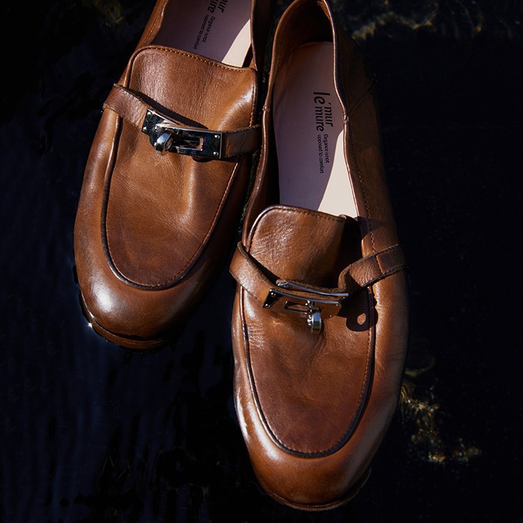 牛皮版~新款复古英伦风做旧水洗马皮马衔扣一脚蹬懒人乐福鞋女鞋