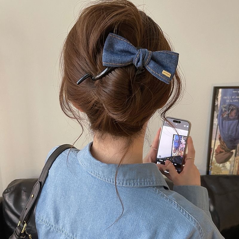 韓国風デニムブルーリボンワンラインヘアクリップ女性の後頭部ツイストクリップハイエンドヘアクリップ帽子|undefined