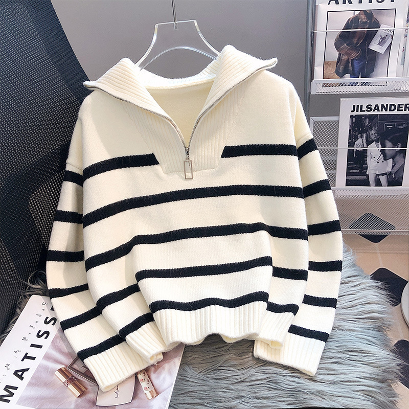 Korean Style Autumn and Winter Loose and Fashionable Lapel Contrasting Color Casual Outer Wear High-End Half-Zip Stripesd Pullover Knitwear for Women Korean Style Autumn and Winter Loose and Fashionable Lapel Contrasting Color Casual Outer Wear High-End Half-Zip Stripesd Pullover Knitwear for Women