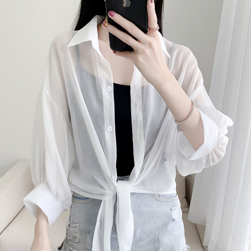 Chiffon air-conditioning cardigan, sheer top, thin mesh sun protection clothing, women's outerwear, summer shawl, tie-waist short casual sun protection shirt