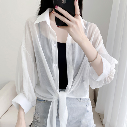 Chiffon air-conditioning shirt, transparent top, sheer sun-protection garment for women—outdoor summer wrap with tie-up design, short and casual sunscreen blouse