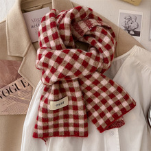 新款含羊毛韩版红色棋盘格针织围巾女高级氛围感保暖披肩围脖情侣