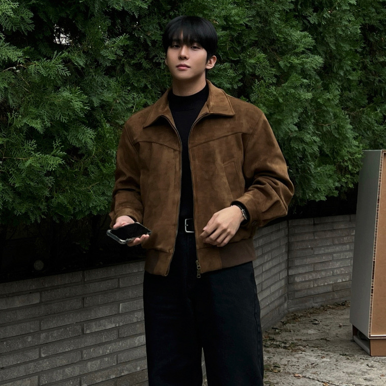 Myq Retro Style Short Leather Jacket Men's Autumn and Winter Imitation Suede Lapel Jacket Korean Work Clothing