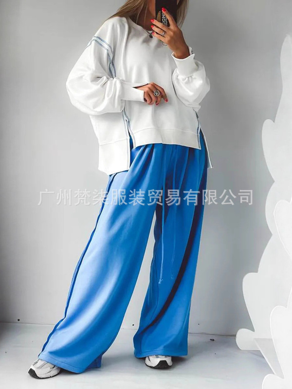 欧美跨境2025秋冬亚马逊新款圆领拼接卫衣抽绳运动长裤休闲套装女|undefined