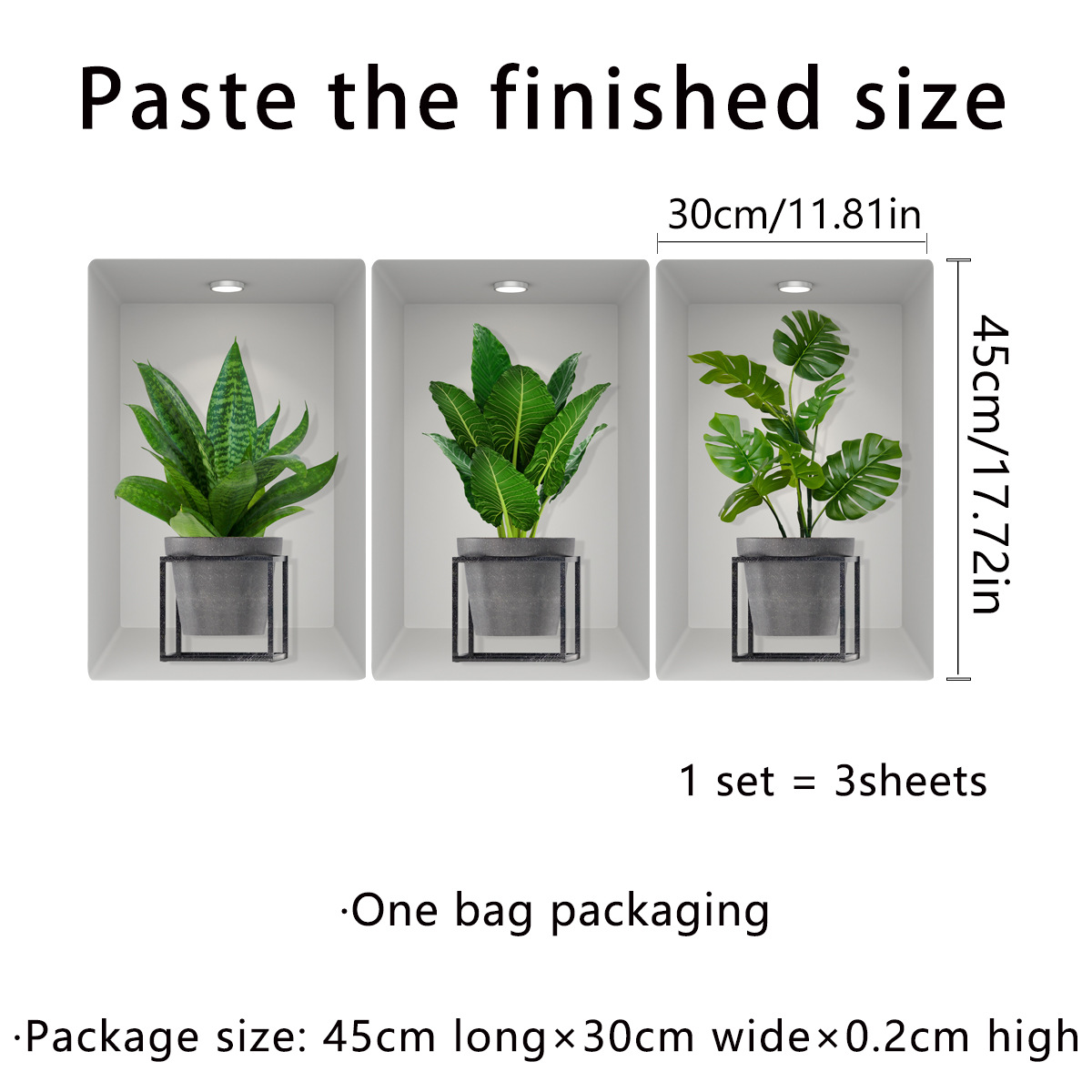 ATW2018 Adesivo de Parede Tríptico 3D com Moldura de Vaso de Plantas para Sala de Estar, Quarto, Entrada, Escada e Casa_voghion.com