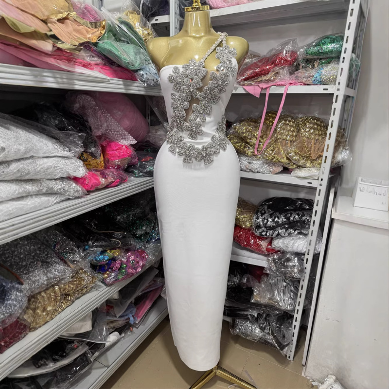 Fashionable Foreign Trade Style Rhinestone-Embellished Floral One-Shoulder Casual Sleeveless Slim-Fit Long Bodycon Party Dress for Women Fashionable Foreign Trade Style Rhinestone-Embellished Floral One-Shoulder Casual Sleeveless Slim-Fit Long Bodycon Party Dress for Women