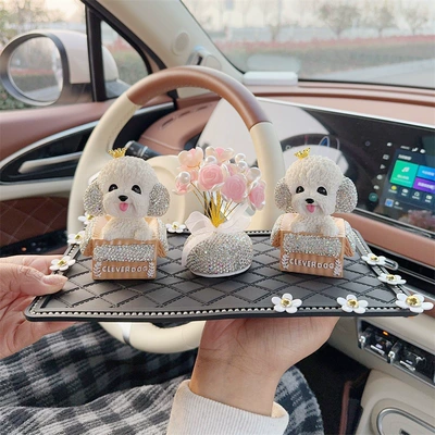 for Female Drivers, Interior Car Decoration – Car ornaments - two-diamond-studded-crown-teddy-dogs-pink-rose-diamond-ornament-daisy-big-diamond-cushion
