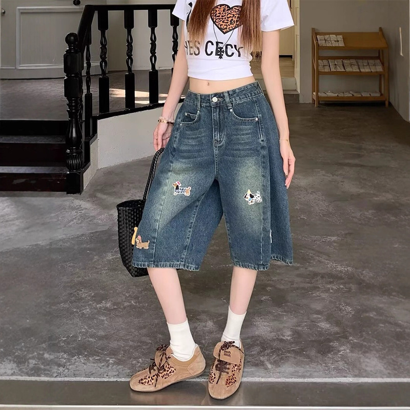 2025 New American Design Denim Cropped Pants for Women Summer Large Size High Waist Wide Leg Medium Pants Straight Shorts