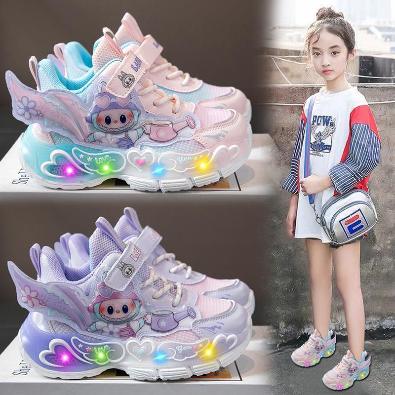 女童鞋秋季2025新款儿童拉布布软底运动老爹鞋大童发光公主亮灯鞋