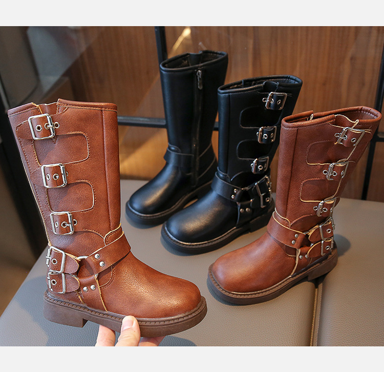 Bottes Martin montantes en cuir noires à fermeture éclair latérale pour filles et garçons de taille moyenne et grande, nouvelle collection automne 2024_voghion.com