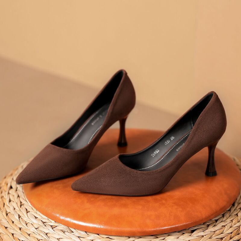 7666C Suede Pointed Stiletto Heel Simple Temperament Women's Shoes Comfortable Not Tired Foot Commuter Professional Shoes Fashion High Heels