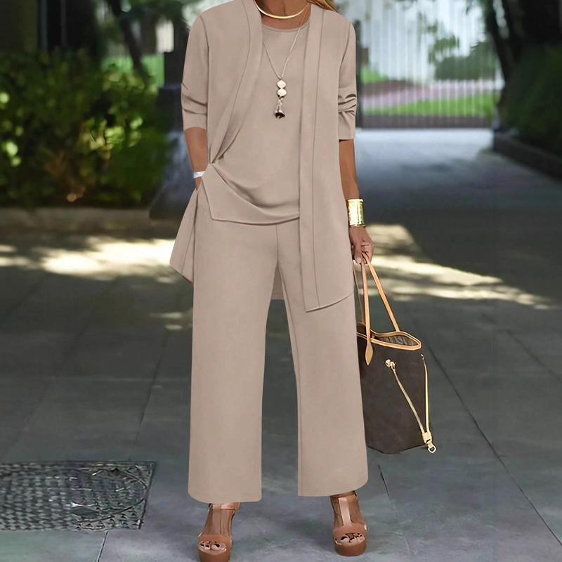 European and American Style Women's Suit Simple Casual Jacket Cardigan + Round Neck Sleeveless Vest + Straight Pants Three-Piece Set