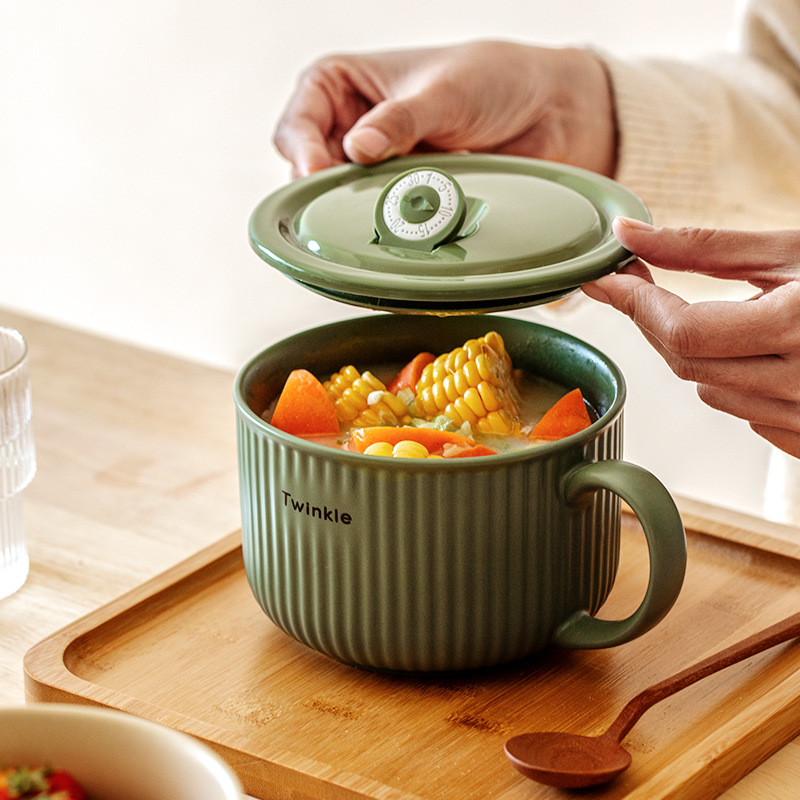 Shanen tazón de fideos instantáneos de cerámica con tapa Taza de fideos instantáneos japoneses para estudiantes dormitorio tazón de fideos instantáneos cantina lonchera sola