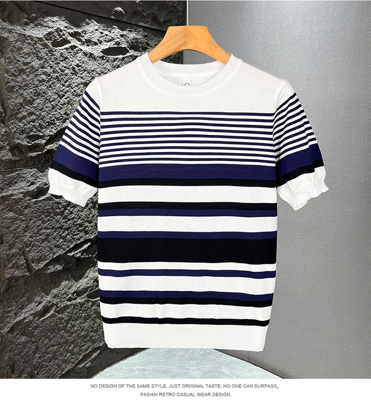 Herren Slim Fit Strickpullover Gestreift Business Kurzarm Shirt_voghion.com
