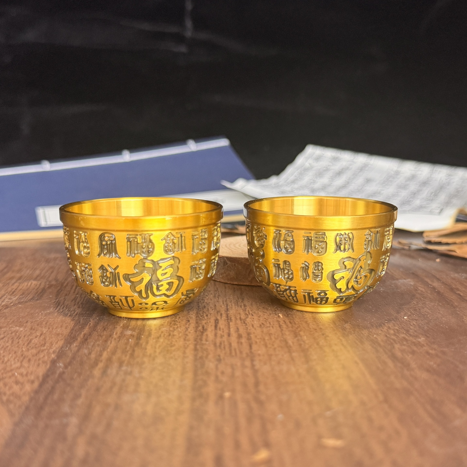 森舍黄铜茶碗铜精雕百福茶杯拱杯小碗茶一套全铜酒碗酒杯二两家居|ru