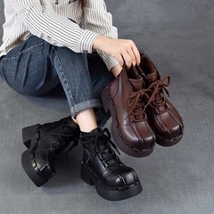 以一秋冬新款松糕厚底小个子高跟女靴个性复古休闲短靴软底舒适靴