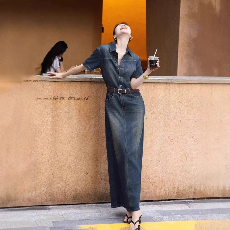 Летнее уникальное однобортное длинное платье из денима в европейском стиле ретро-шик OK-150