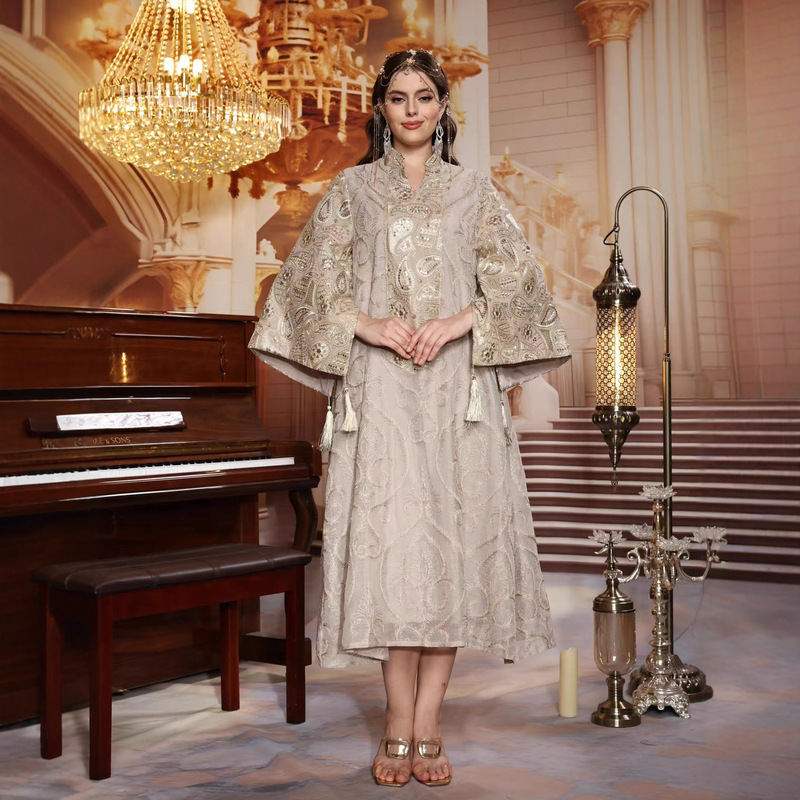 Heavy-Duty Gold Thread Embroidery Gown, Champagne Gold Stand Collar, Tassel Bell Sleeves, Banquet Dress Heavy-Duty Gold Thread Embroidery Gown, Champagne Gold Stand Collar, Tassel Bell Sleeves, Banquet Dress