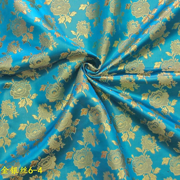 批发婚庆表演浪漫背景布diy工艺品湖蓝色立体玫瑰花金银丝提花布