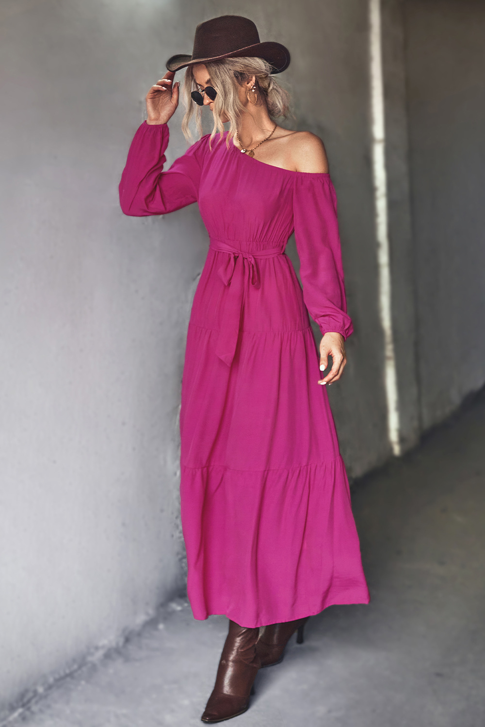 solid color one-shoulder waist straps long-sleeved dress NSLNZ136799