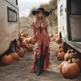 2025跨境欧美新款女装复古万圣节性感荷叶边纯色长袖长裙连衣裙