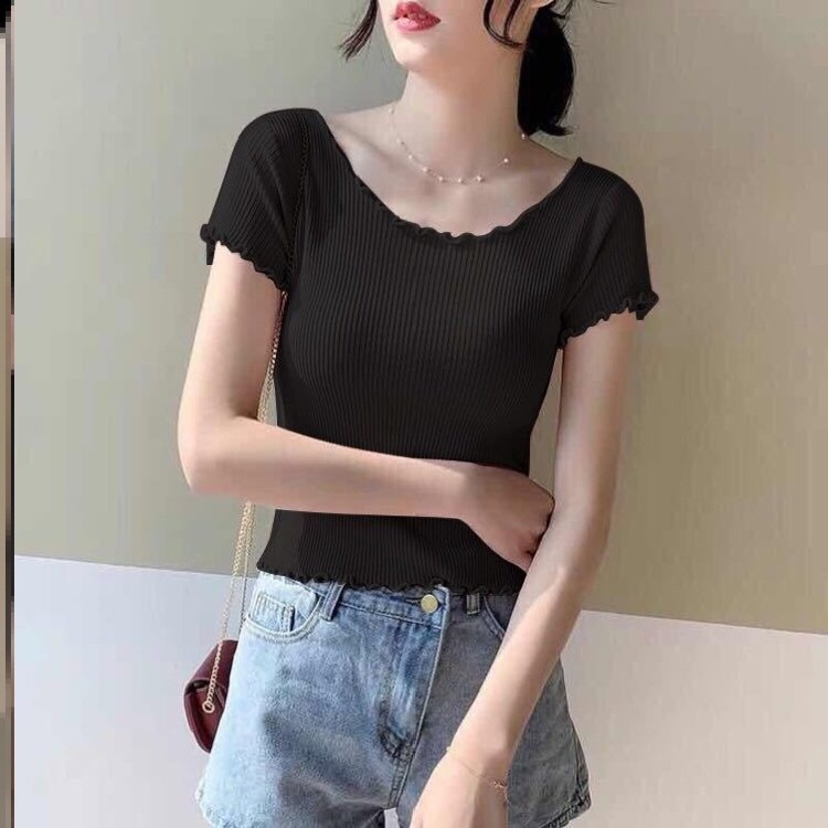 Verano camiseta de hielo de manga corta de punto de tela delgada de la mujer de cintura alta cintura corta ombligo de la clavícula delgada