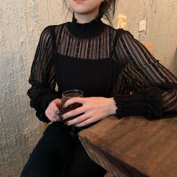 Fashionable High-Neck Inner Wear with Stylish Long-Sleeve 202 New Mesh Lace Base Shirt for Women in Autumn and Winter