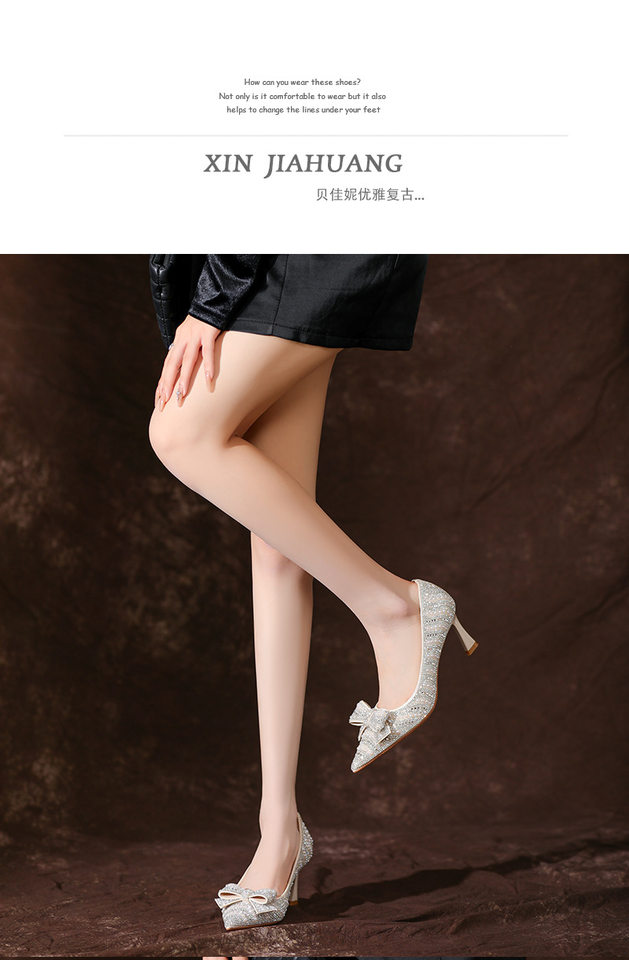 Giày cao gót nữ mũi nhọn gót thanh mảnh đính đá nơ bướm, giày cưới cô dâu gót 6–8 cm — Màu mơ chi tiết 6