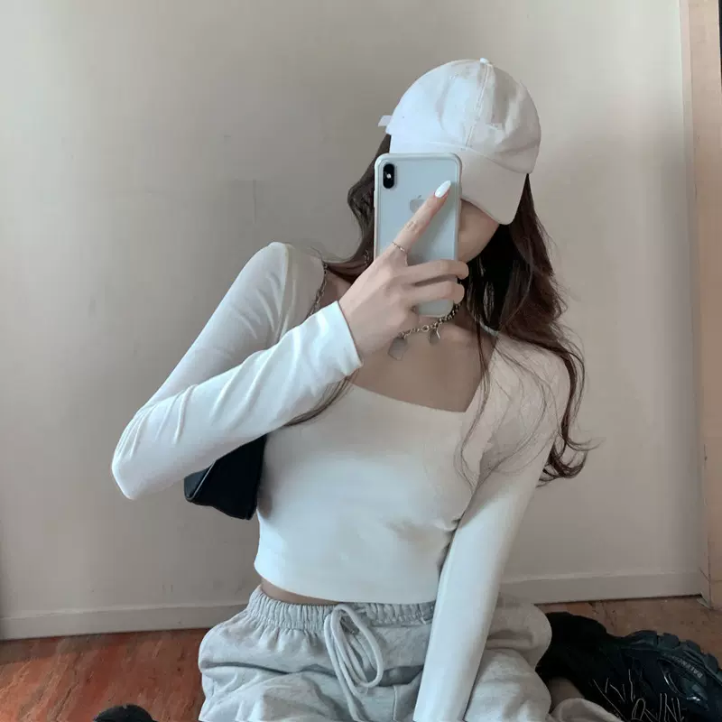跨境现货春秋辣妹修身显瘦内搭短款露脐上衣方领露锁骨长袖t恤女