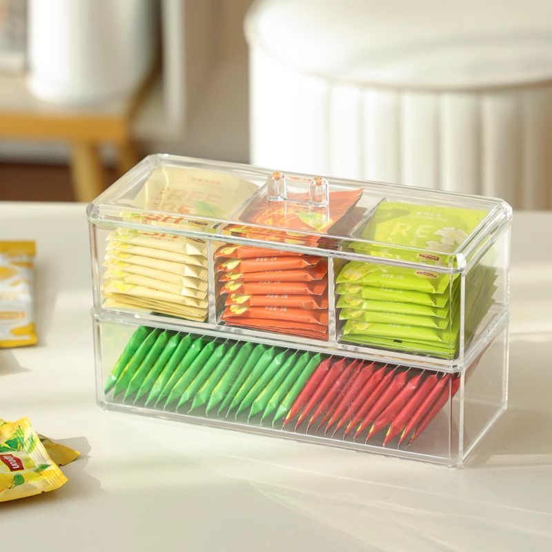 ティーバッグ収納ボックスプラスチック蓋付きコーヒー砂糖バッグ収納分格ボックスデスクトップ防塵透明多機能収納ボックス|undefined