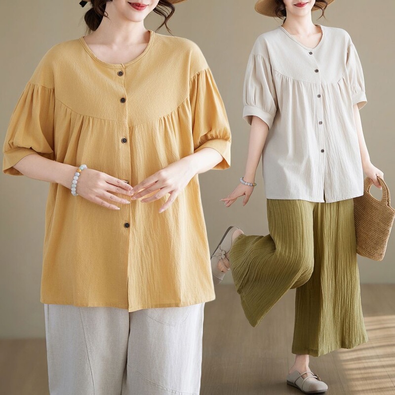 Cotton and Linen Short-Sleeved Cardigan for Women, Summer Loose Plus-Size Slimming Artistic Puff-Sleeve Shirt with Single-Breasted Breathable Top