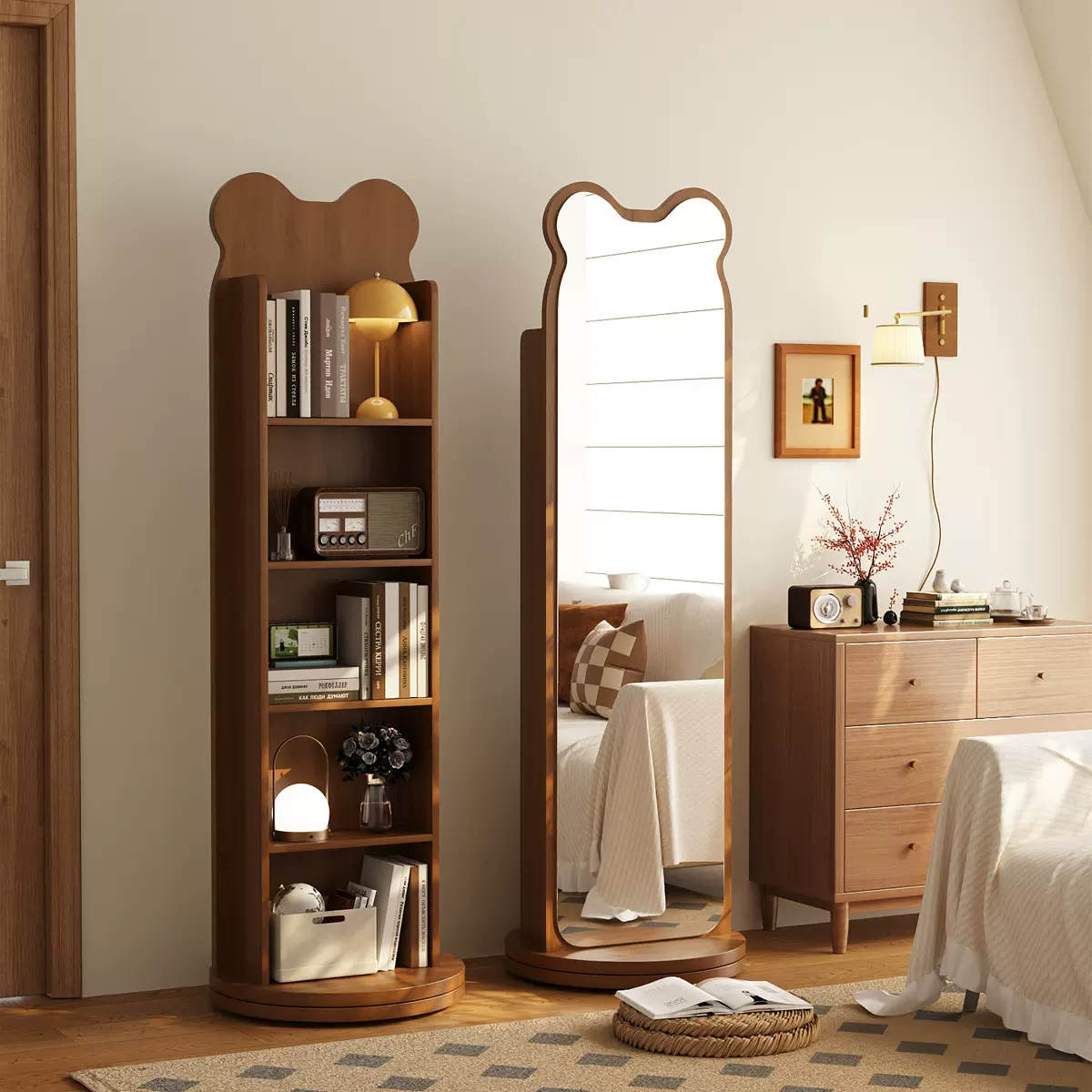 小熊旋转穿衣镜可移动全身镜落地镜家用杂志书架旋转储物试衣镜子