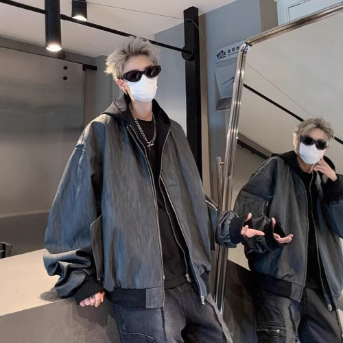 European and American hip-hop faux two-piece jacket men's spring/autumn trendy brand edgy hooded baseball uniform bomber jacket leather jacket