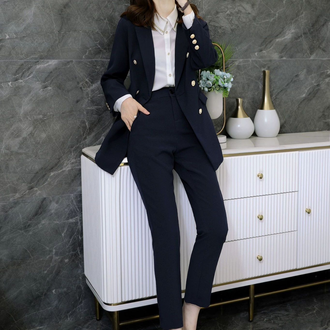 Женский блейзер XZ022 больших размеров в корейском стиле для полных женщин, темно-синий пиджак, профессиональный костюм для собеседования, брюки-карандаш