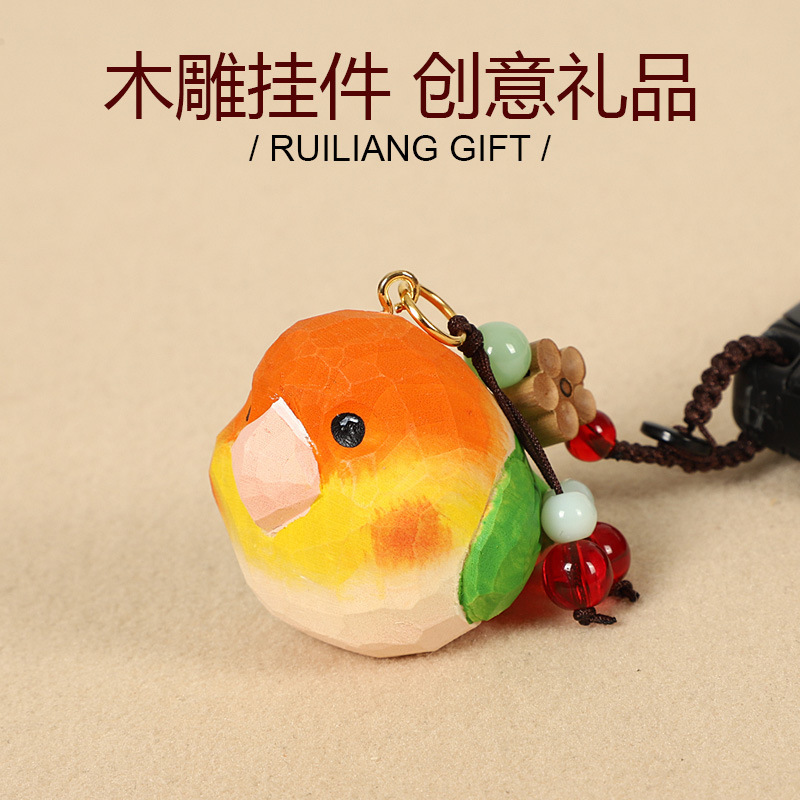 Handmade Wood Carving Artificial Parrot Car Keychain Pendant Cute Bird Couple Bag Pendant Gift