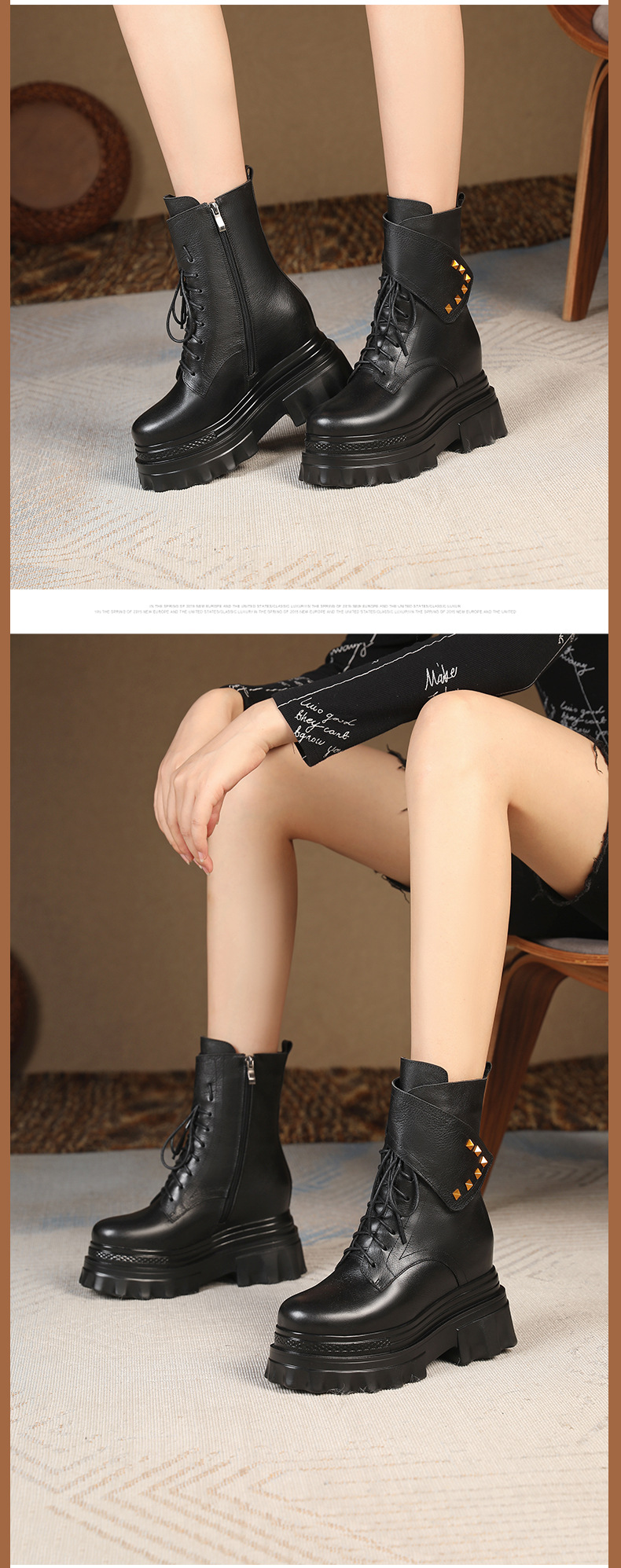 Boot Martin đinh tán cổ cao đế dày độn bên trong gót 10 cm — Màu đen lót nhung chi tiết 8