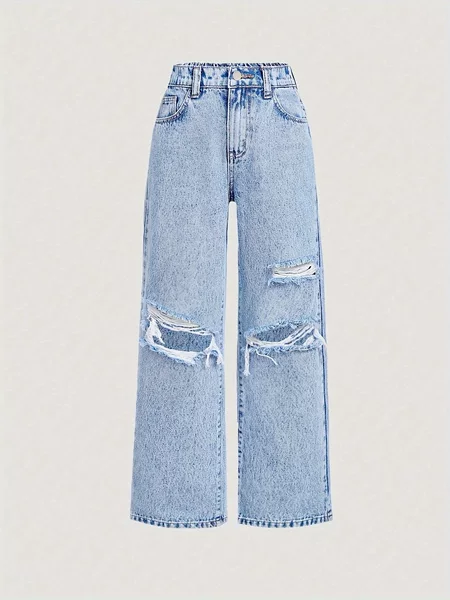 Cross-Border Supply Exclusively for Amazon and Wish Independent Websites: Loose-Fitting Ripped Wide-Leg Pants for Older Girls, Available in Stock
