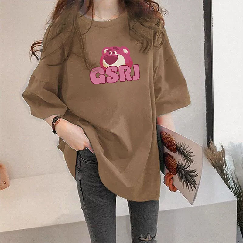 Women Plus Size Loose Graphic T-Shirt Summer Casual Pink Bear Print