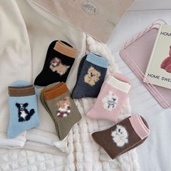 秋冬甜美卡通狗狗羊絨毛圈保暖中筒襪加厚軟糯堆堆襪少女立體襪子
