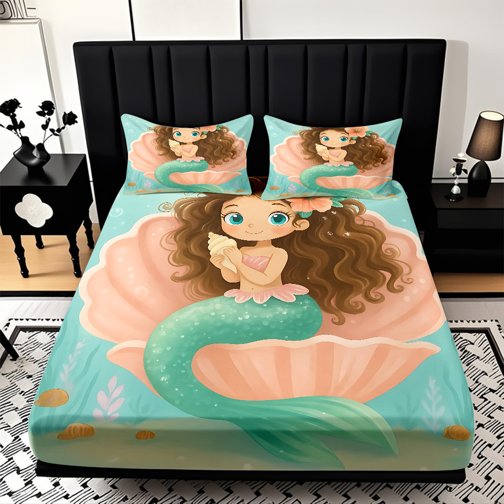 JIT modo Temu 3D impresión de caricatura sirena cama textil casera camisa ropa de cama tres piezas set transfronterizo mayorista