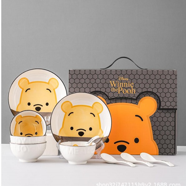 Polytai People Winnie the Pooh 10-Piece Ceramic Bowl, Plate, Spoon and Tableware Set Creative Cartoon Event Gift