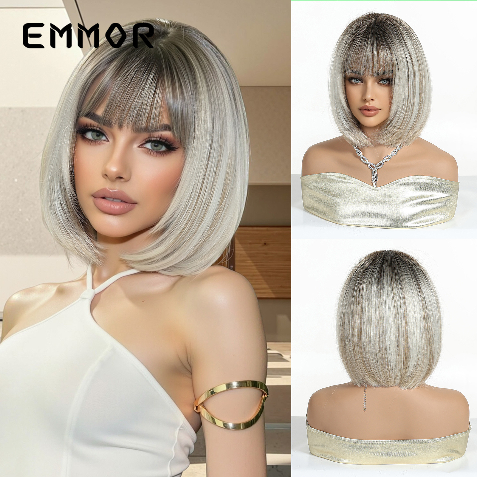 Comercio exterior transfronterizo estilo europeo y americano nuevo producto Qi flequillo pelo corto BOBO cabeza gradiente blanco gris moda peluca mujer todo en la cabeza